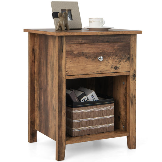 Wooden Nightstand with Slide-out Drawer and Open Shelf, Rustic Brown