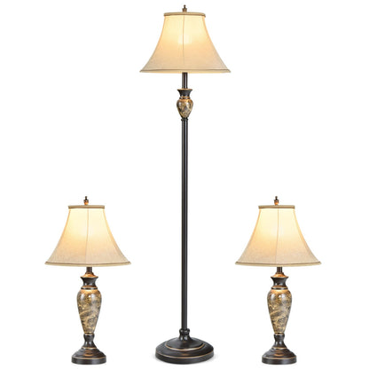 3-Piece Table and Floor Lamp Set with Linen Fabric Lamp Shades, Beige