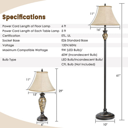 3-Piece Table and Floor Lamp Set with Linen Fabric Lamp Shades, Beige