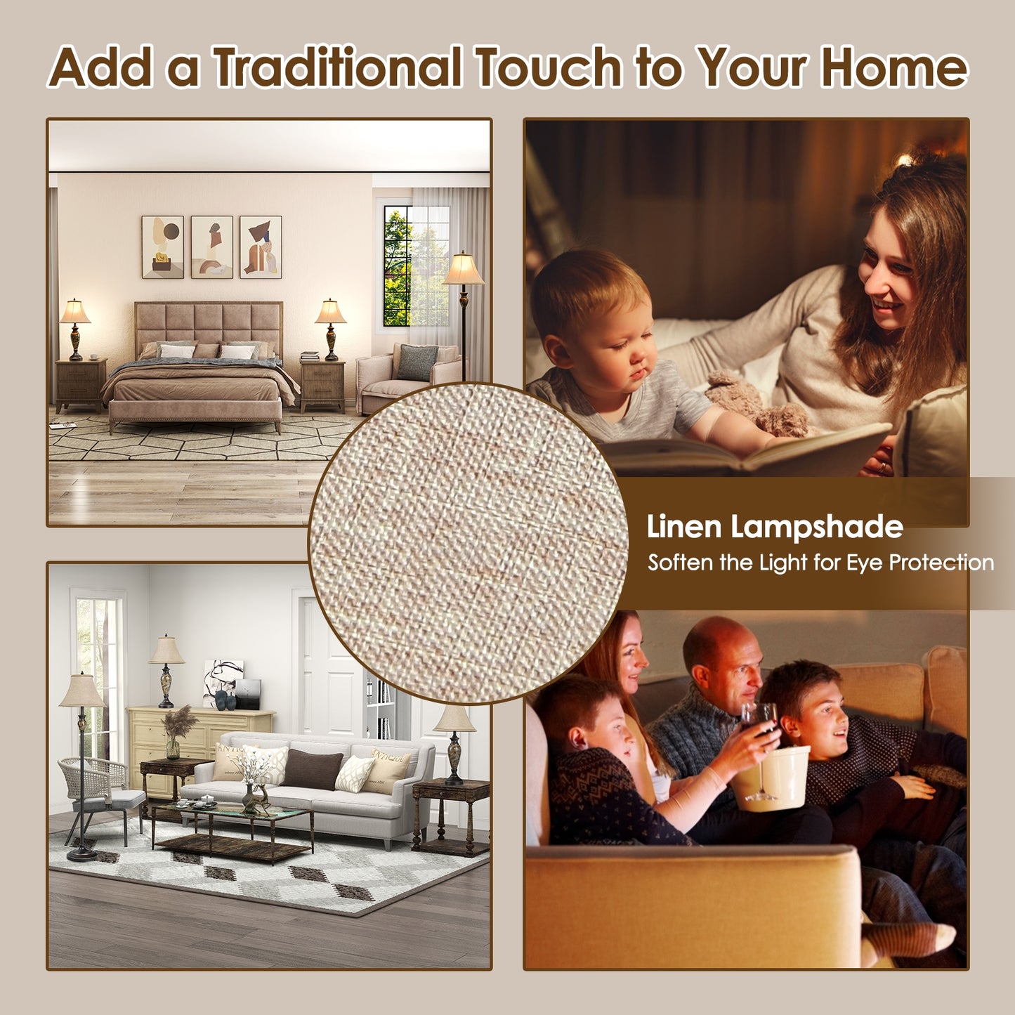 3-Piece Table and Floor Lamp Set with Linen Fabric Lamp Shades, Beige Table & Floor Lamps at Gallery Canada