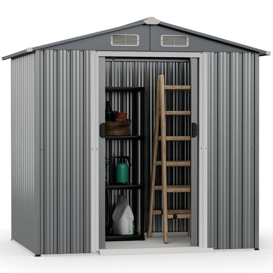 6 x 4 Feet Galvanized Steel Storage Shed with Lockable Sliding Doors, Gray