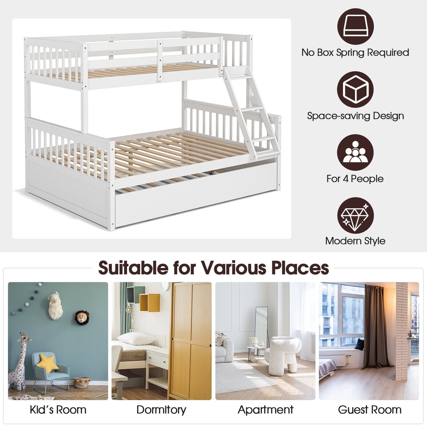 Twin Over Full Convertible Bunk Bed with Twin Trundle, White Bunk Bed Frame at Gallery Canada