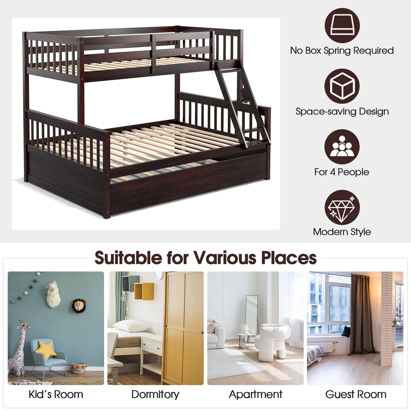 Twin Over Full Convertible Bunk Bed with Twin Trundle, Espresso Bunk Bed Frame at Gallery Canada