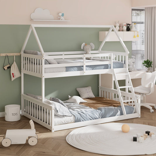 Twin Over Full House Bunk Bed with Ladder and Guardrails, White Bunk Bed Frame White at Gallery Canada