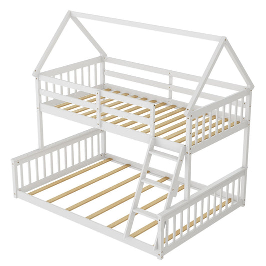 Twin Over Full House Bunk Bed with Ladder and Guardrails, White