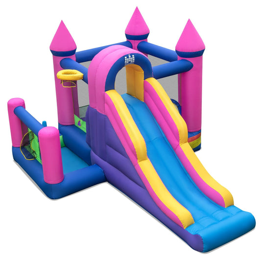 7-in-1 Kids Inflatable Bounce House with Long Slide and 735W Blower, Multicolor