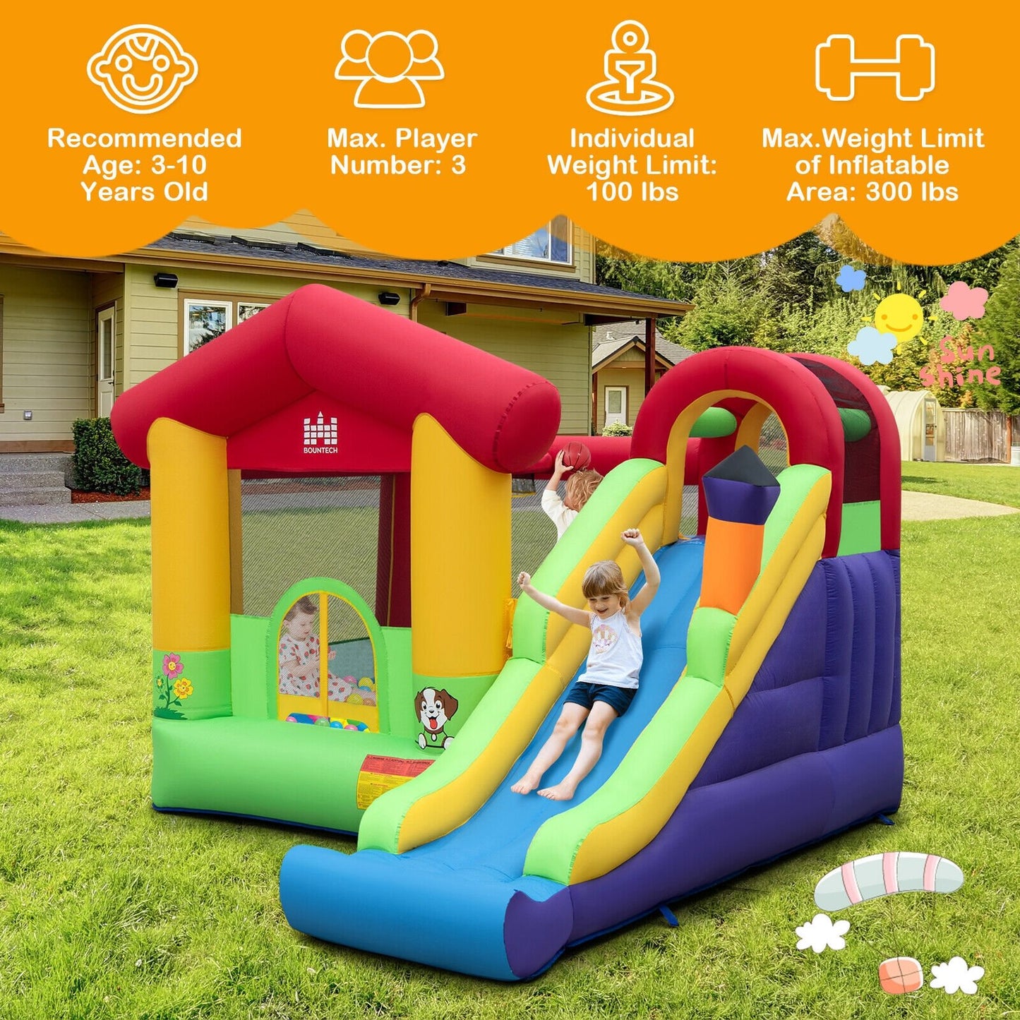 Inflatable Bounce House with Ocean Balls and 735W Air Blower, Multicolor