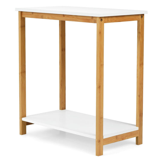 23 Inch Height 2-tier End Table with Bamboo Frame and Bottom Shelf, White
