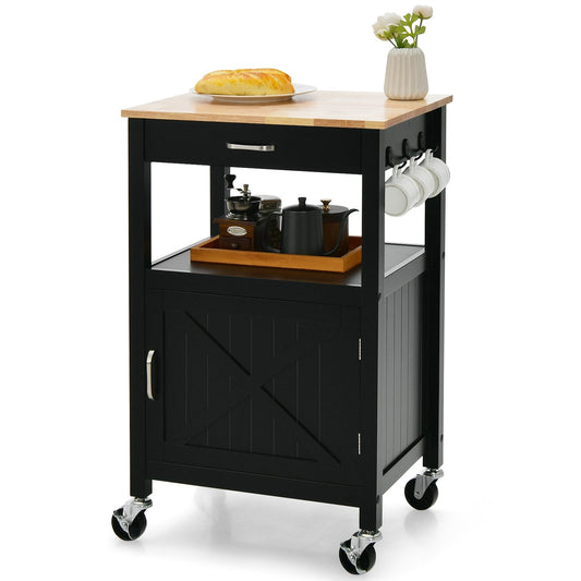 Rolling Kitchen Island Cart with Drawer and Side Hooks, Black