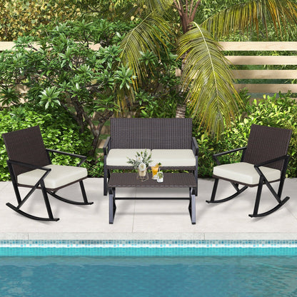 4 Pieces Rattan Patio Rocking Furniture Set with Loveseat and Coffee Table, Off White