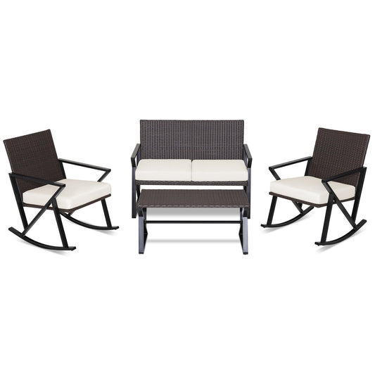 4 Pieces Rattan Patio Rocking Furniture Set with Loveseat and Coffee Table, Off White at Gallery Canada