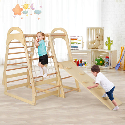 6-in-1 Wooden Kids Jungle Gym Playset with Slide Climbing Net, Natural