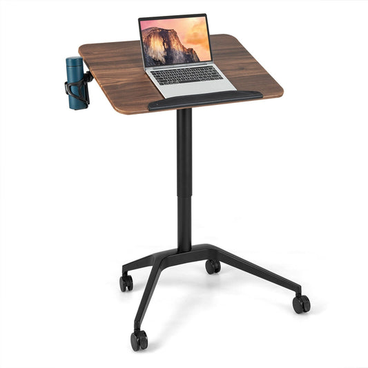 Pneumatic Standing Desk with Anti-fall Baffle and Cup Holder, Brown