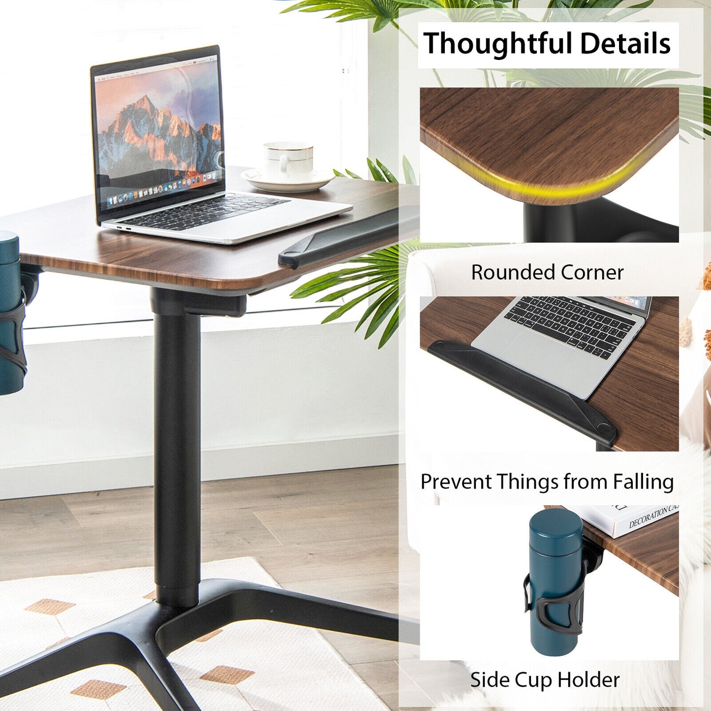 Pneumatic Standing Desk with Anti-fall Baffle and Cup Holder, Brown Laptop Tables & Printer Stands at Gallery Canada