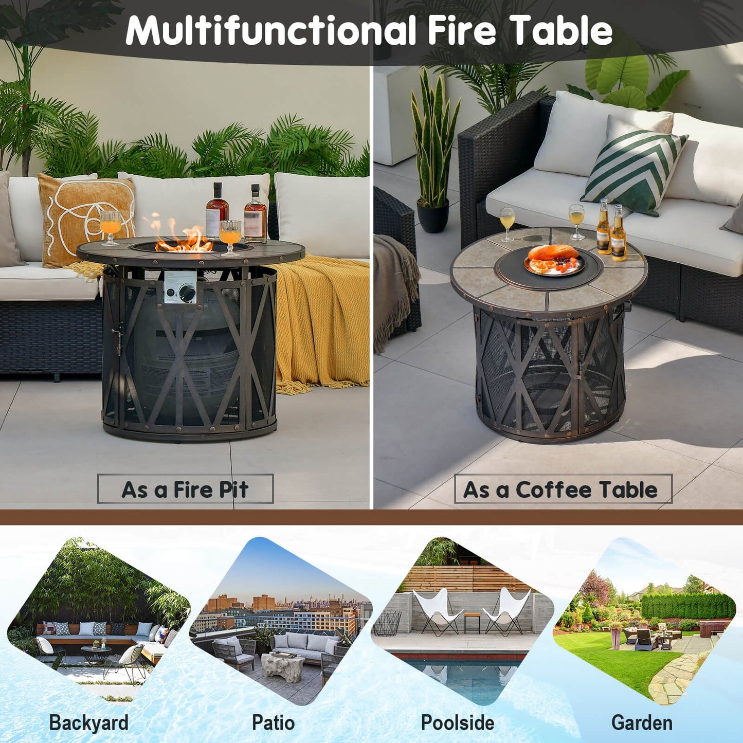 32 Inch 30000BTU Fire Pit Table with Fire Glasses and PVC Cover, Black Fire Pit Tables at Gallery Canada
