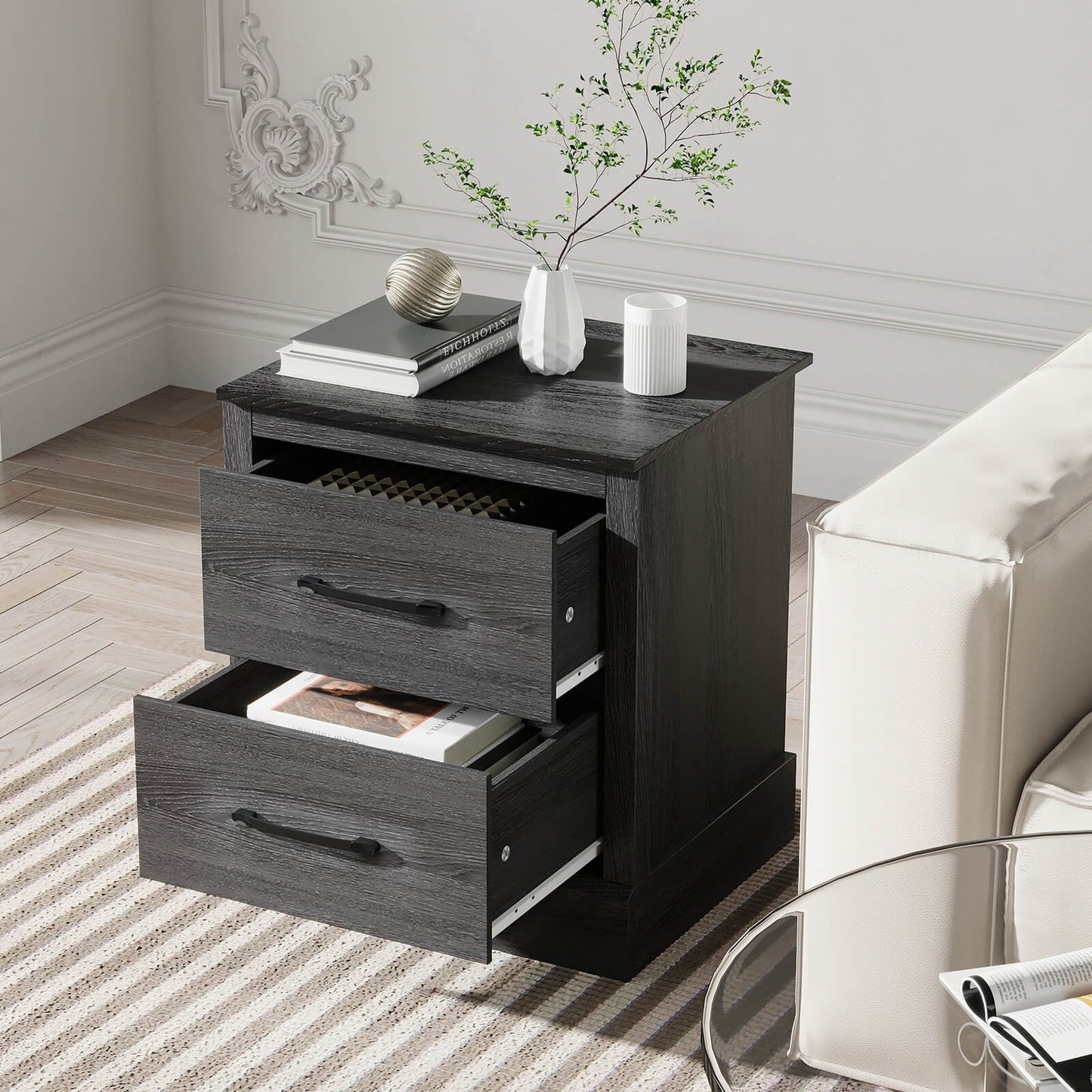 Wood Compact Floor Nightstand with Storage Drawers, Dark Gray