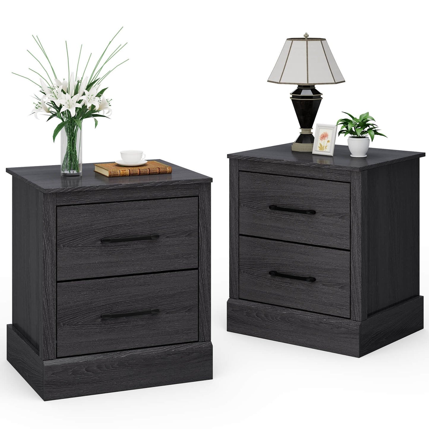 Wood Compact Floor Nightstand with Storage Drawers, Dark Gray
