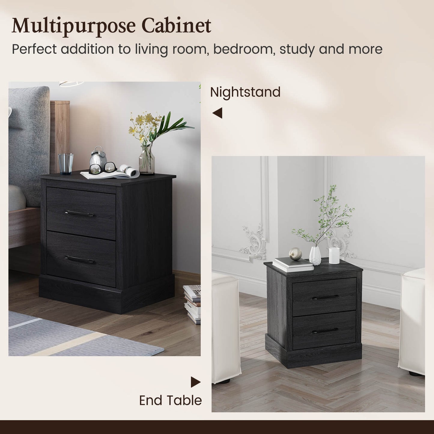 Wood Compact Floor Nightstand with Storage Drawers, Dark Gray Nightstands at Gallery Canada