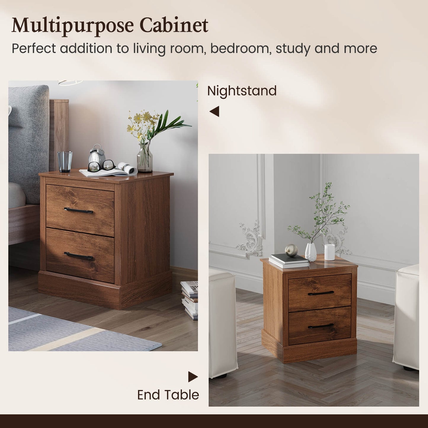 Wood Compact Floor Nightstand with Storage Drawers, Rustic Brown Nightstands at Gallery Canada