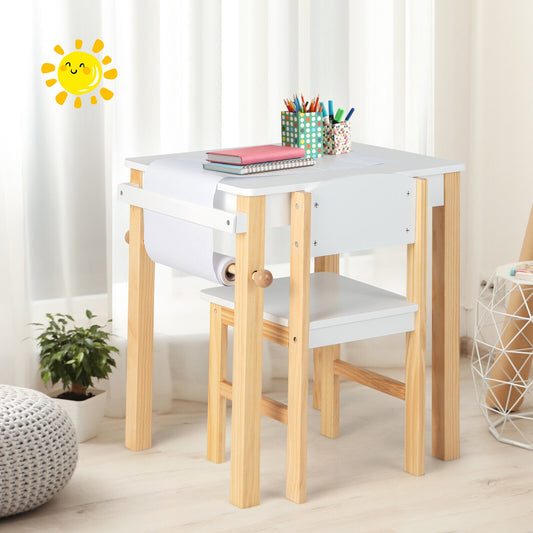Kids Art Table And Chair Set, With Drawer And Paper Roll, White Kids Table & Chair Sets White at Gallery Canada
