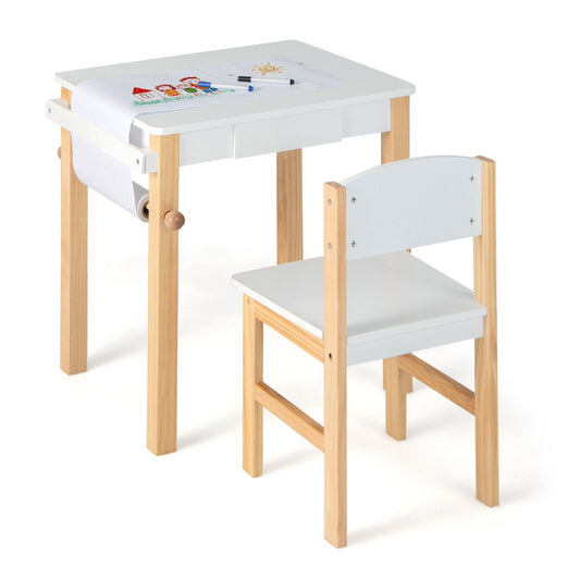 Kids Art Table and Chair Set with Drawer Paper Roll and 2 Markers, White