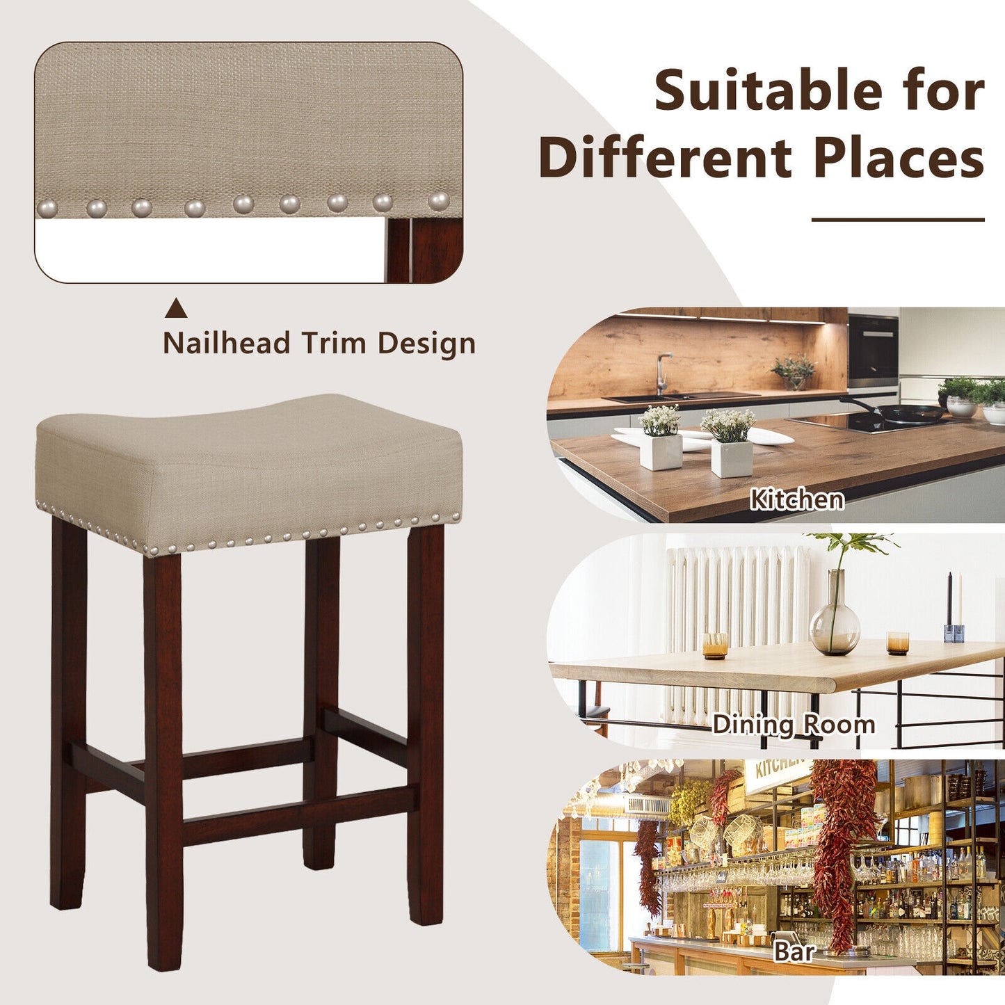 Set of 2 24 Inch Bar Stool with Curved Seat Cushions, Beige Bar Stools at Gallery Canada