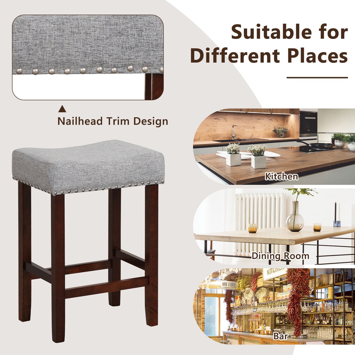 Set of 2 25 Inch Bar Stool with Curved Seat Cushions, Gray Bar Stools at Gallery Canada