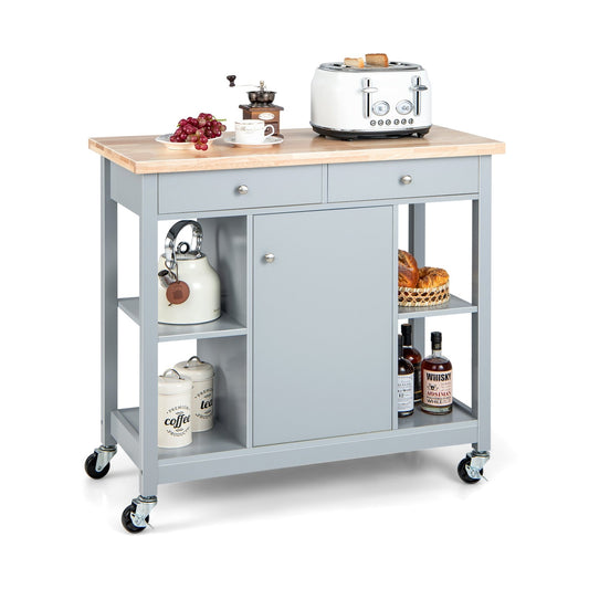 Mobile Kitchen Island Cart with 4 Open Shelves and 2 Drawers, Gray