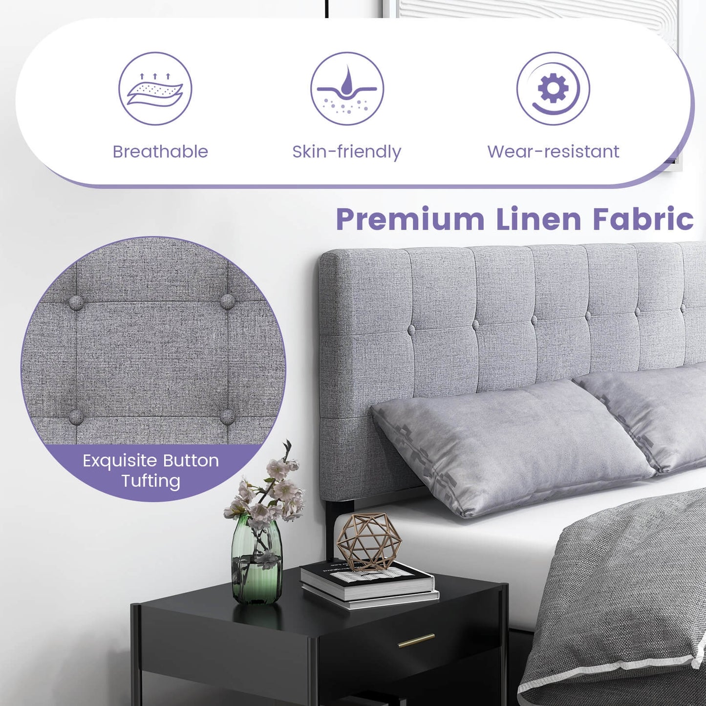 Linen Upholstered Headboard, Solid Rubber Wood Legs, Gray Headboards at Gallery Canada