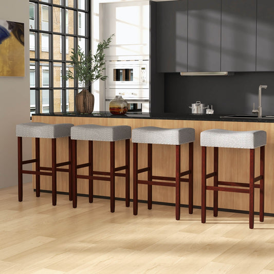 29 Inch Upholstered Bar Stool Set, Solid Rubber Wood Legs, Gray Bar Stools Gray at Gallery Canada