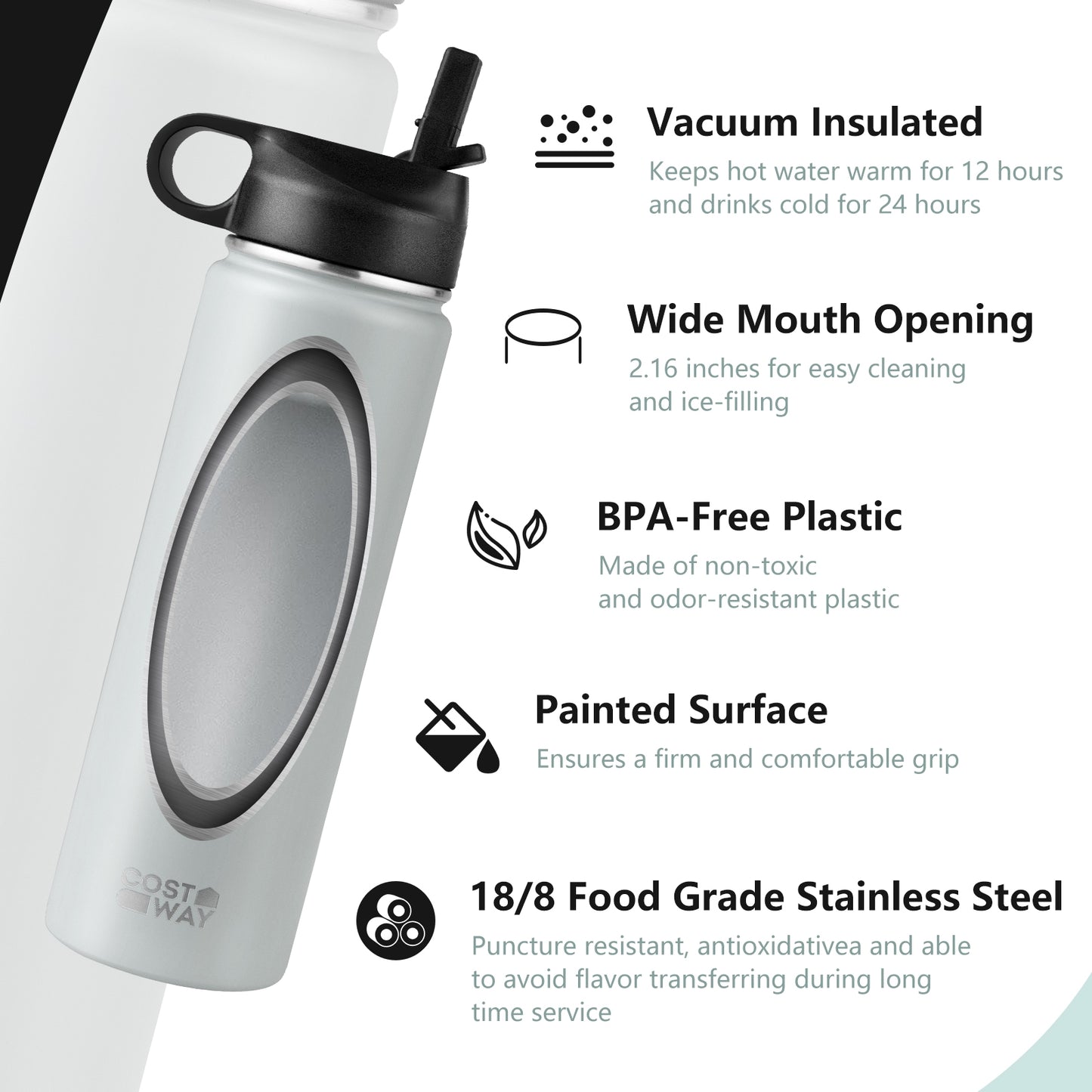 22 Oz Double-walled Insulated Stainless Steel Water Bottle with 2 Lids and Straw, Gray Kitchen Utensils at Gallery Canada