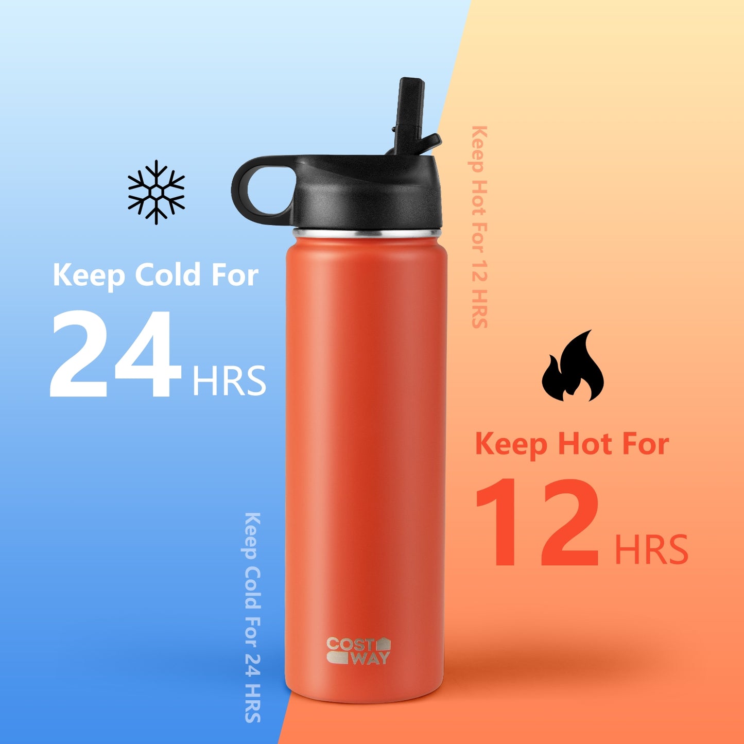 22 Oz Double-walled Insulated Stainless Steel Water Bottle with 2 Lids and Straw, Orange Kitchen Utensils at Gallery Canada