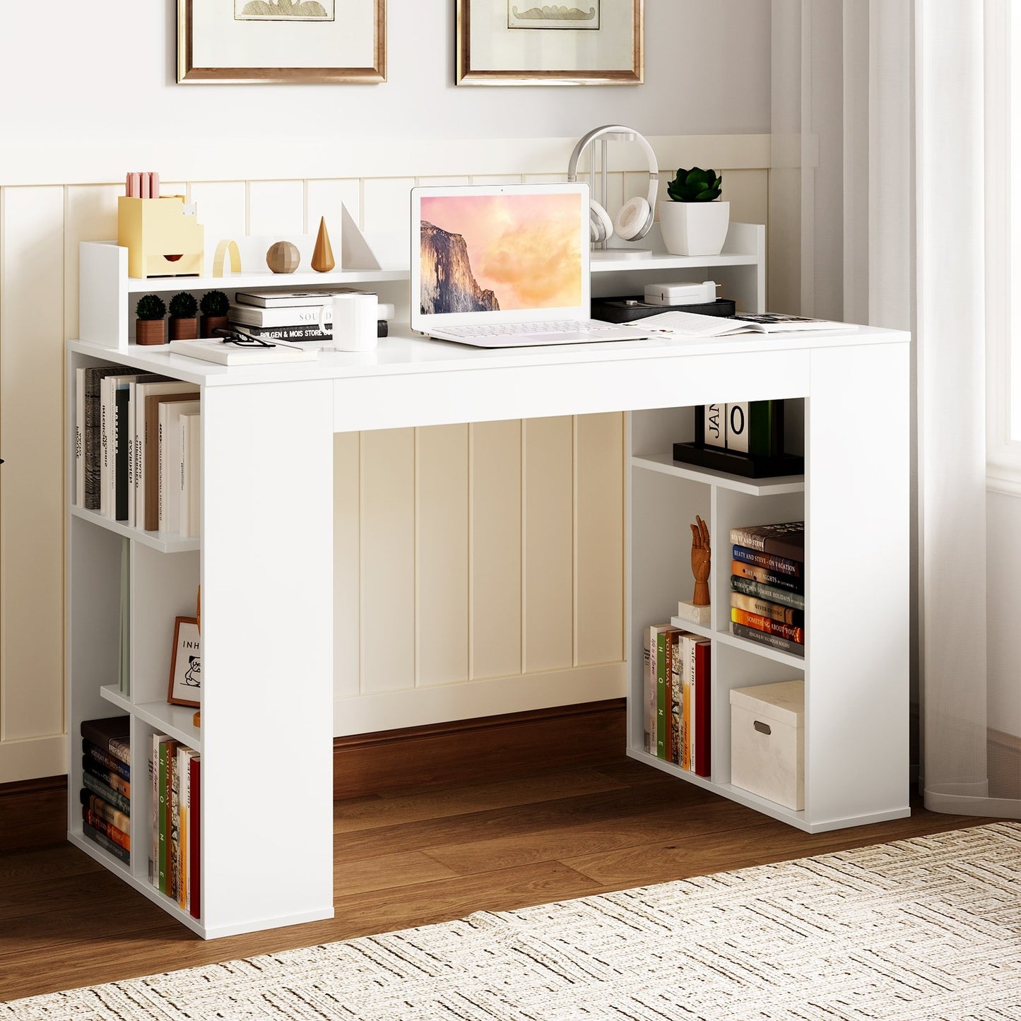 Office Computer Desk with Dual 3 Tier Bookshelf and Monitor Shelf, White