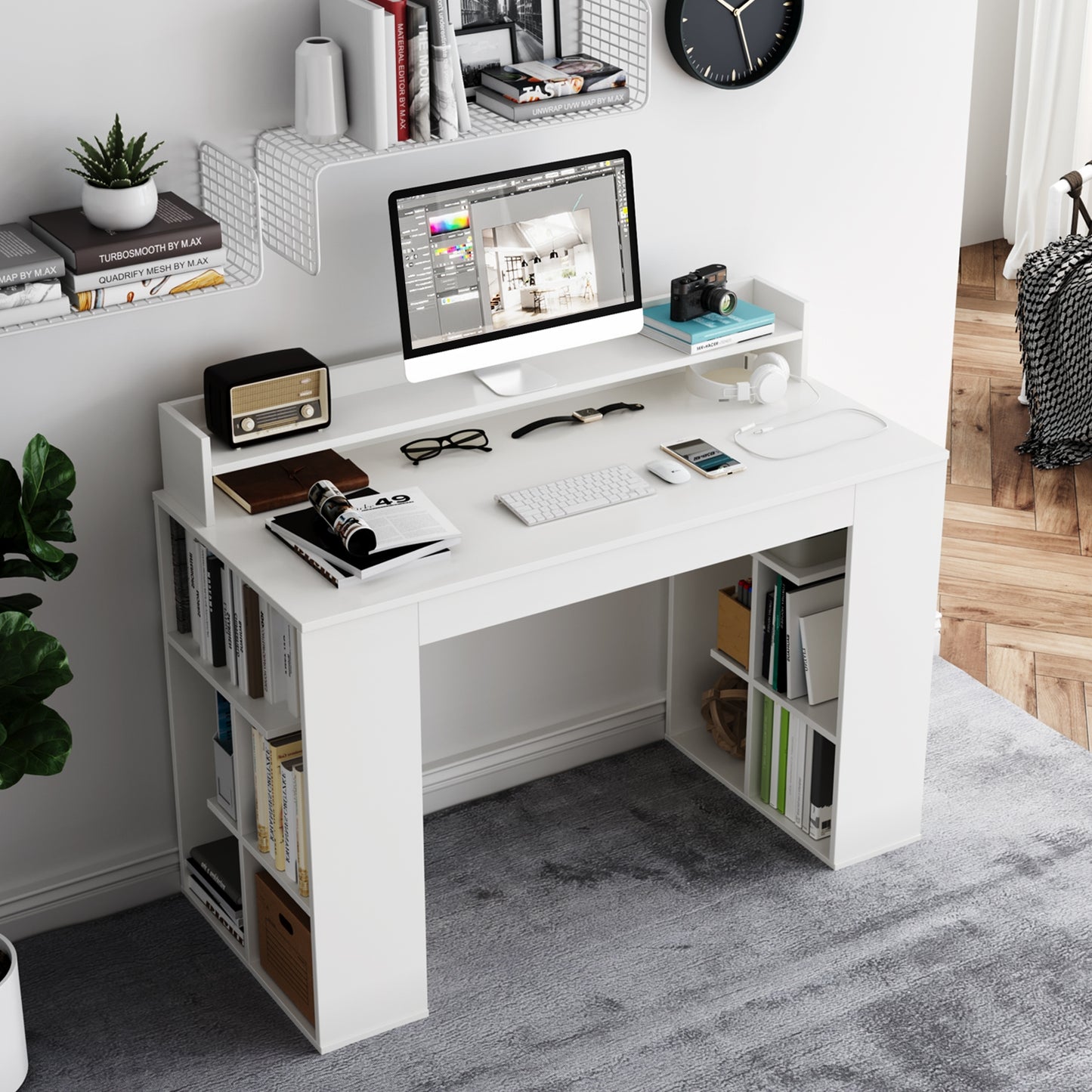 Office Computer Desk with Dual 3 Tier Bookshelf and Monitor Shelf, White Computer Desks at Gallery Canada