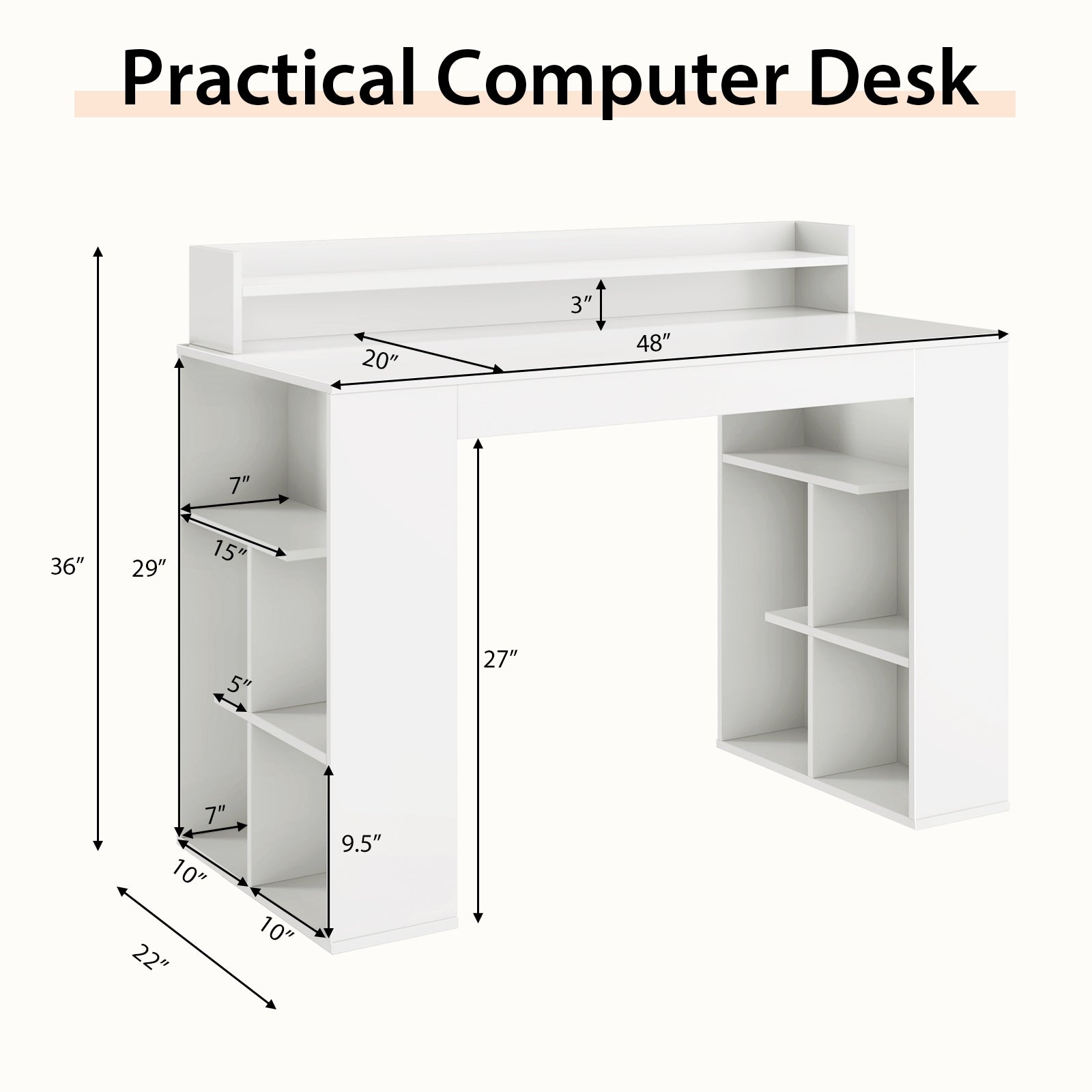 Office Computer Desk with Dual 3 Tier Bookshelf and Monitor Shelf, White Computer Desks at Gallery Canada