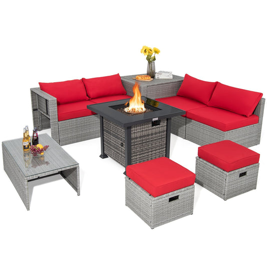 9 Pieces Outdoor Patio Furniture Set with 32-Inch Propane Fire Pit Table, Red