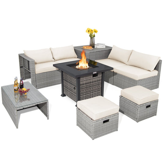 9 Pieces Outdoor Patio Furniture Set with 32-Inch Propane Fire Pit Table, Off White