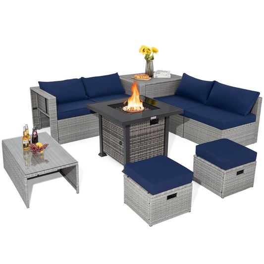9 Pieces Outdoor Patio Furniture Set with 32-Inch Propane Fire Pit Table, Navy