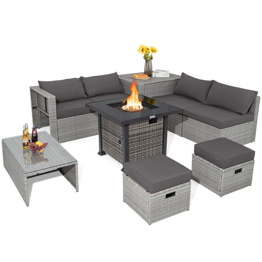 9 Pieces Outdoor Patio Furniture Set with 32-Inch Propane Fire Pit Table, Gray