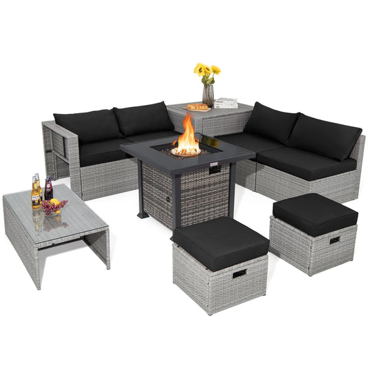 9 Pieces Outdoor Patio Furniture Set with 32-Inch Propane Fire Pit Table, Black