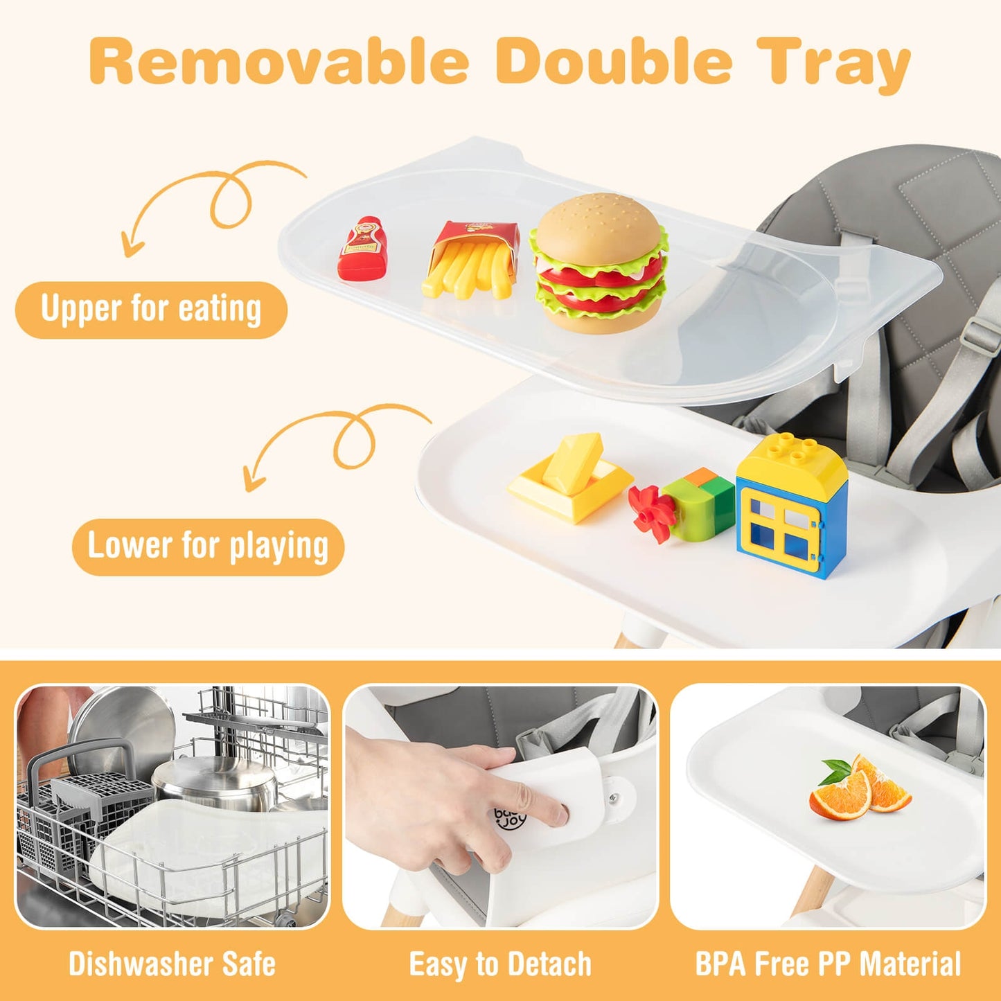 6 In 1 Convertible Highchair, With Safety Harness And Removable Tray, White