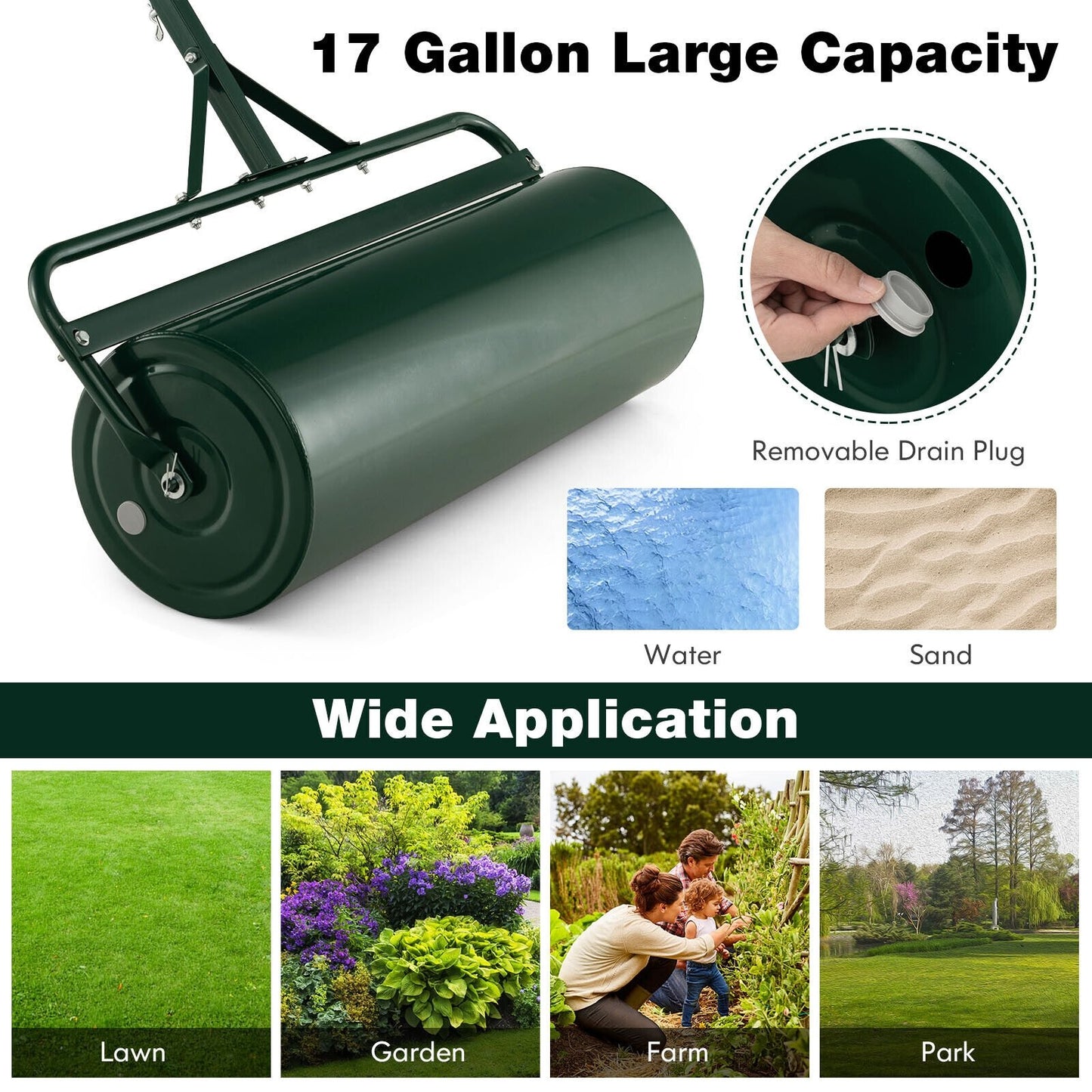 Metal Lawn Roller with Detachable Gripping Handle, Green