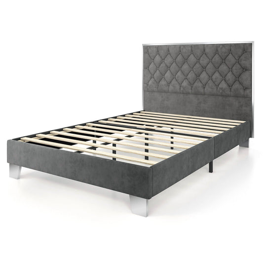 Full/Queen Size Upholstered Bed Frame with Velvet Headboard-Queen Size, Gray