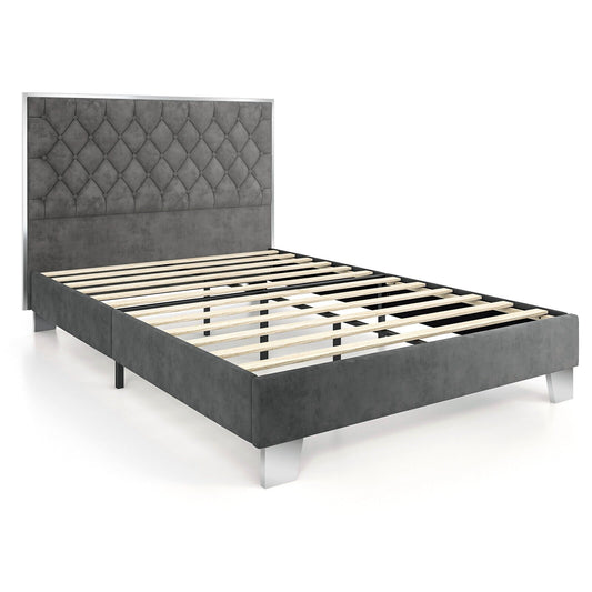 Full/Queen Size Upholstered Bed Frame with Velvet Headboard-Full Size, Gray