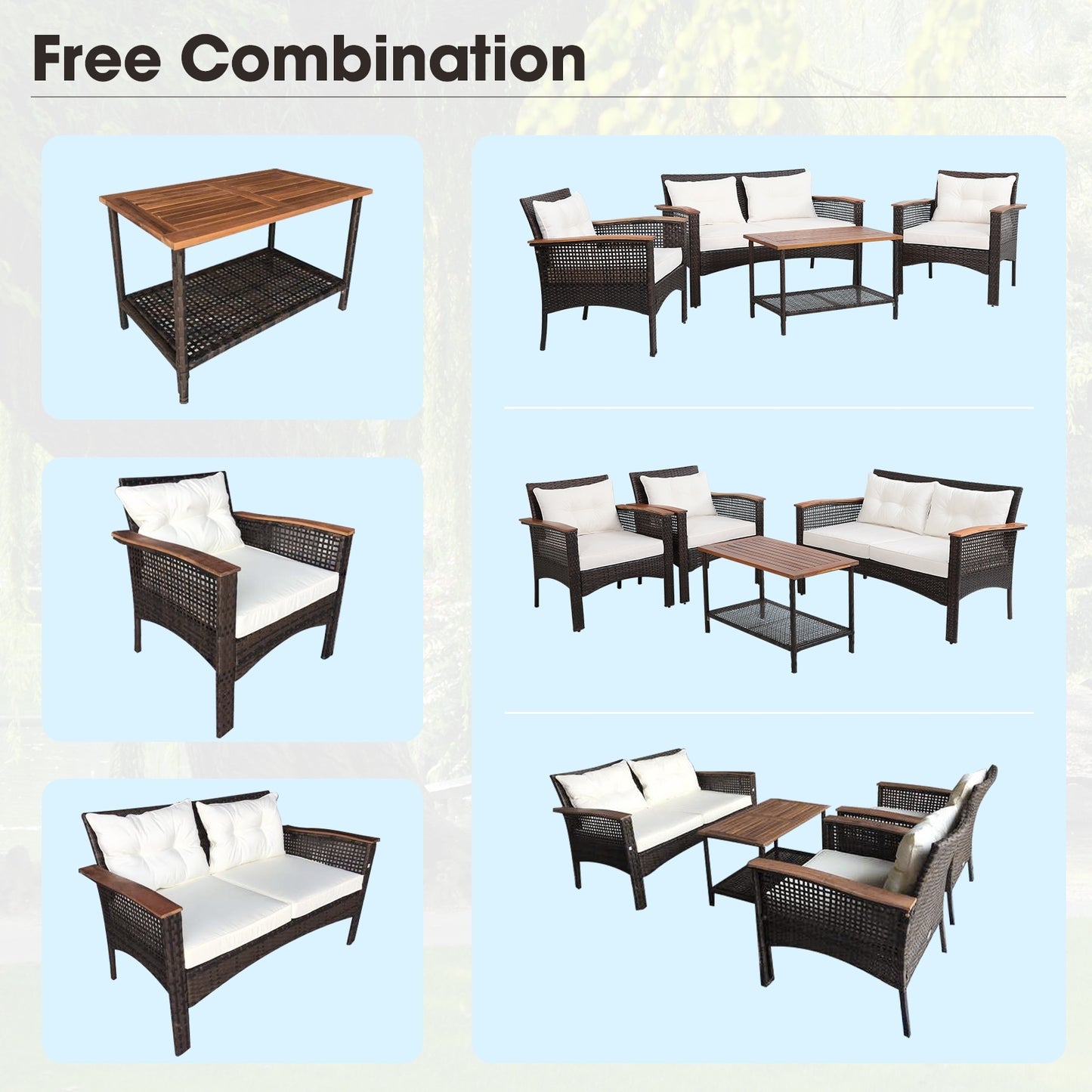 4 Pieces Patio Rattan Acacia Wood Furniture Set with Cushions and Armrest, Espresso Patio Conversation Sets at Gallery Canada
