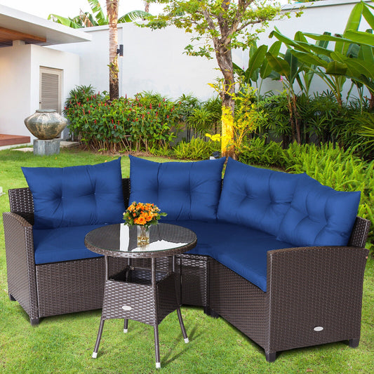 4 Piece Patio Rattan Furniture Set, Cushioned Sofa, Glass Table, Navy Outdoor Sectionals Navy at Gallery Canada