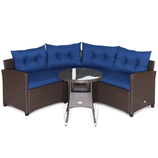 4 Pieces Patio Rattan Furniture Set Cushioned Sofa Glass Table, Navy
