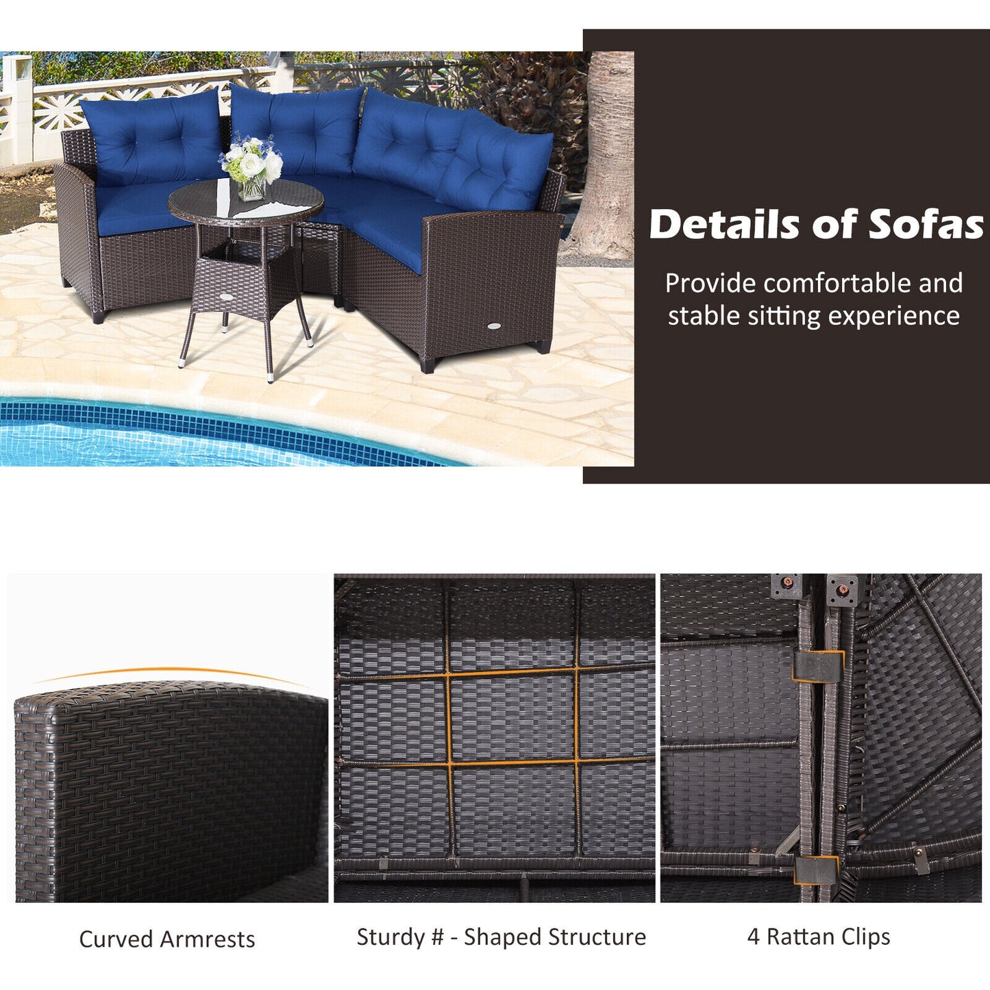 4 Piece Patio Rattan Furniture Set, Cushioned Sofa, Glass Table, Navy Outdoor Sectionals at Gallery Canada