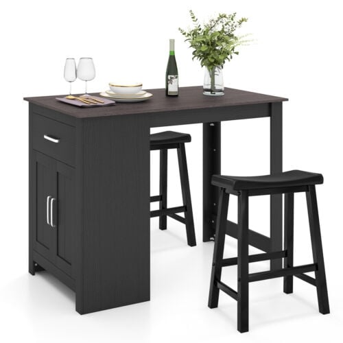 3-Piece Bar Table Set for 2 with 2 Saddle Stools for Dining Room, Black