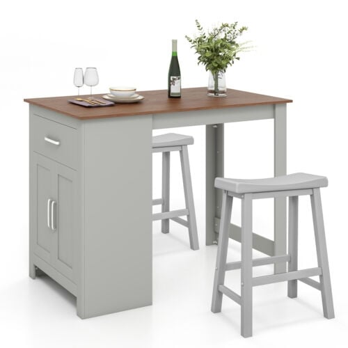 3-Piece Bar Table Set for 2 with 2 Saddle Stools for Dining Room, Gray